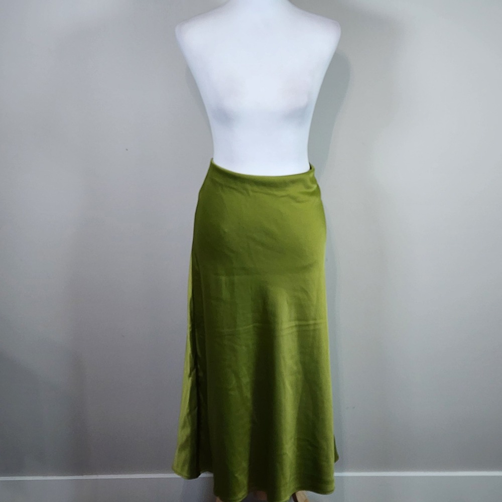 Maison d'Amélie Satin Midi Skirt Womens 8 Green Bias Cut Slip Minimalist Forest